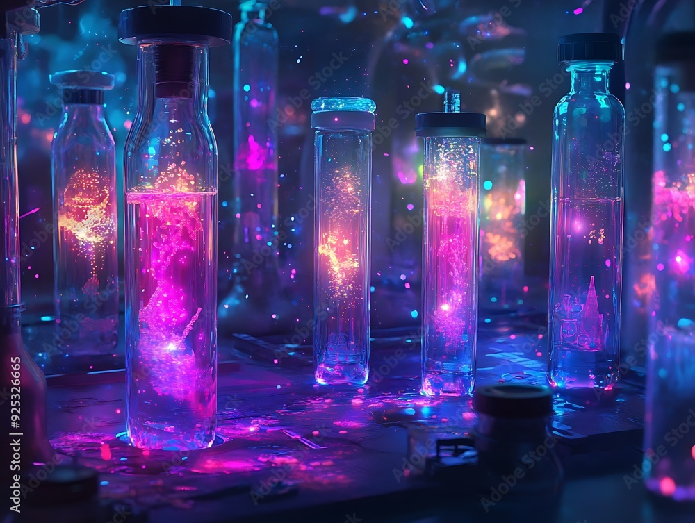 Poster glowing bottles containing liquid with floating shapes