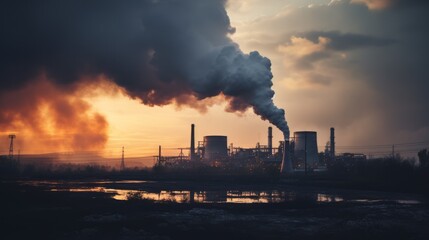 Industrial brown coal power plant chimney smokestack emission. Neural network ai generated art