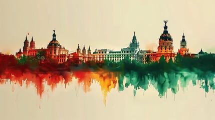 Fototapeta premium Develop a watercolor illustration of the Spanish flag in soft hues, with the silhouette of Madrid’s landmarks, including the Royal Palace and Puerta del Sol,