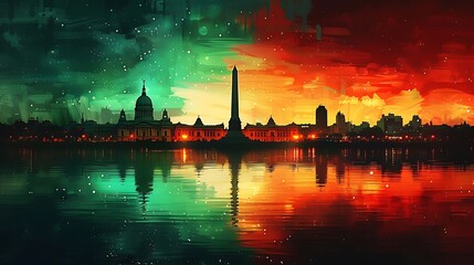 Naklejka premium Illustrate a watercolor piece where the Argentine flag forms the background, with a silhouette of Buenos Aires’s landmarks, highlighting the Obelisk and the Casa Rosada under a serene evening sky,