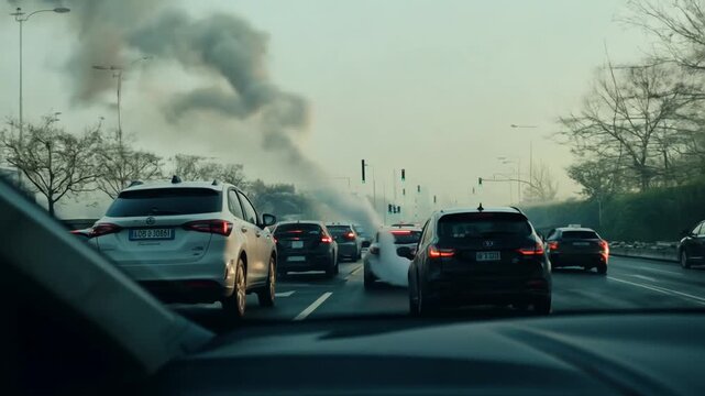 Car Stuck in Traffic Releasing Exhaust Fumes During Rush Hour Generative AI