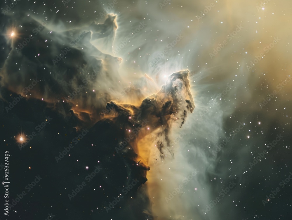 Poster the image captures a cosmic scene from deep space, featuring a striking nebula with vivid clouds of 