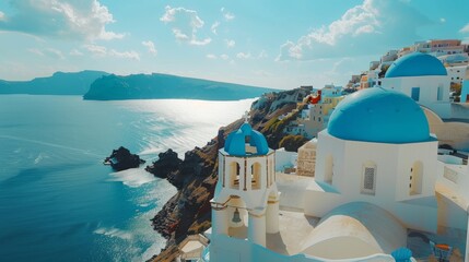 Obraz premium Santorini, Greece: Blue Domes and Whitewashed Churches