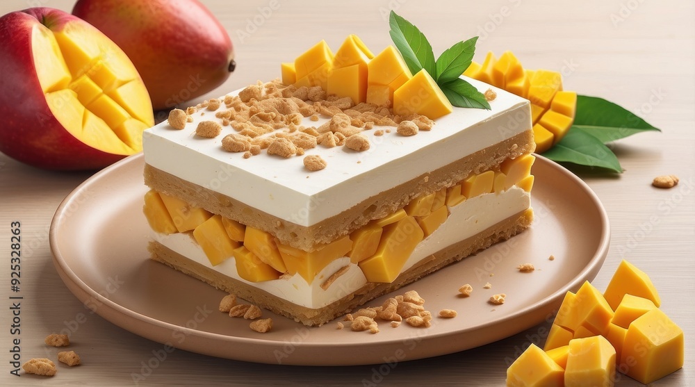 Wall mural mango layer cake on a white plate, layers of fresh mango cubes, whipped cream, and sponge cake. summ