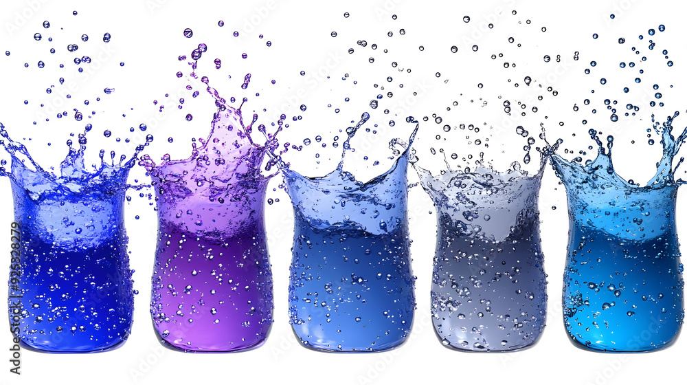 Poster a series of glasses with colorful liquids splashing, showcasing dynamic motion and color.