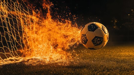 Soccer Ball on Fire Flying Toward a Goal Net