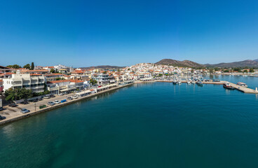 Greece, Aerial drone view of Ermioni, a small port town in Argolis, Peloponnese,