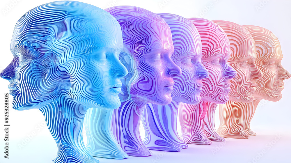 Poster a series of stylized heads with swirling patterns in various colors.