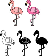Obraz premium Cute Cartoon Pink Flamingo Clipart Illustration - Isolated Outline, Silhouette and Color