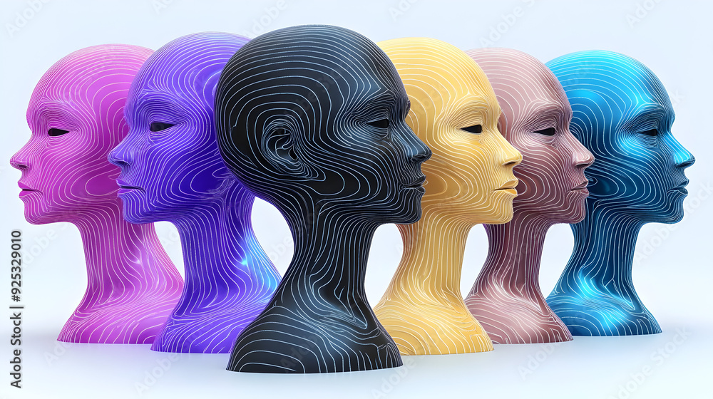 Aufkleber a series of stylized human heads in various colors with intricate line patterns.