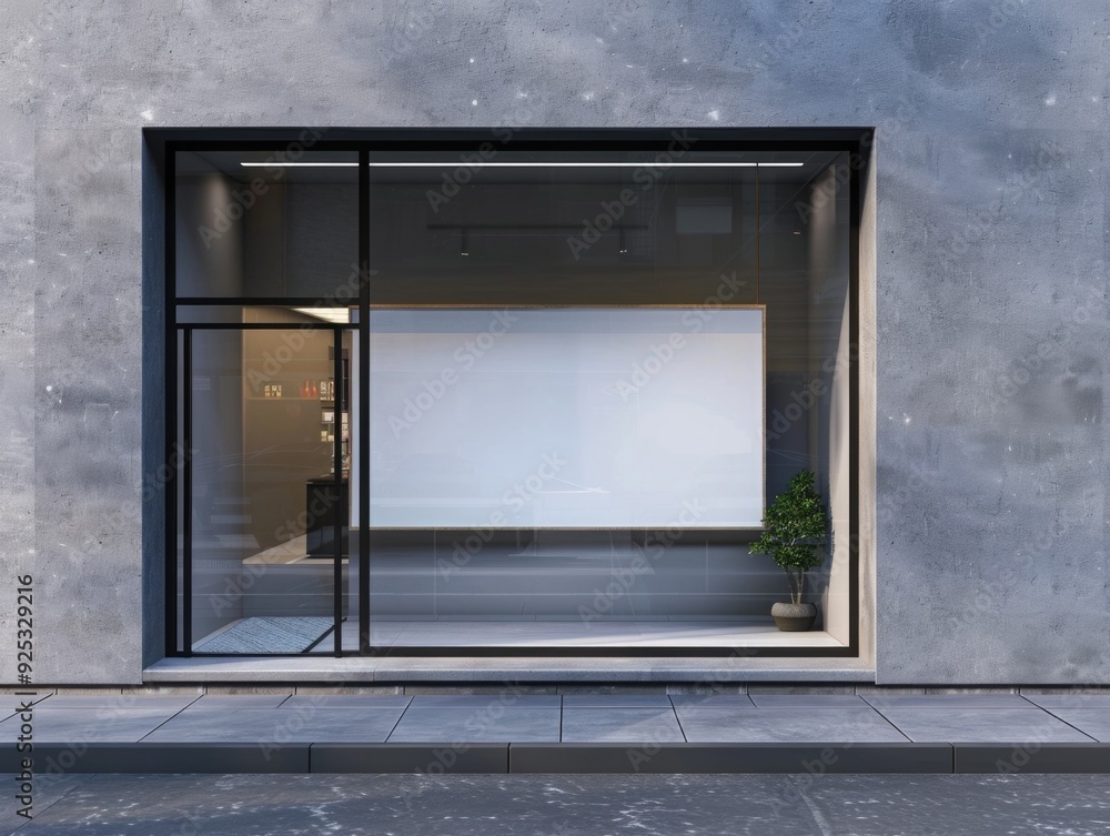Poster the image shows a modern storefront with large glass windows. the architecture is minimalist and con