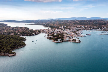 Greece, Aerial drone view of Porto Cheli, a summer resort town in Argolis, Peloponnese