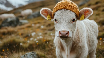 Obraz premium A joyful calf stands in vibrant greenery, wearing a knitted hat, basking under the warm sun while surrounded by blooming flowers and stunning mountain views