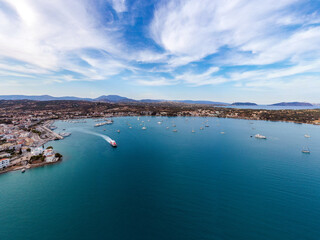 Greece, Aerial drone view of Porto Cheli, a summer resort town in Argolis, Peloponnese