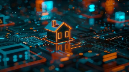 Obraz premium Futuristic Smart Home Concept: A Digital House on a Circuit Board