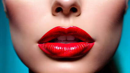 Obraz premium Glamor portrait of lips: Sensuality and beauty in bright red makeup on a pale blue background