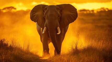 Obraz premium African Elephant Walking Through Golden Grassland at Sunset