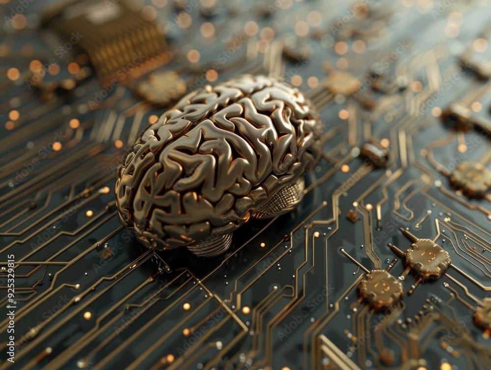 Poster brain symbolically connected to electronic circuits, concept for advanced ai systems.