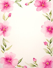 Naklejka premium Watercolor floral pattern. Abstract frame of blooming pink flowers on white watercolor paper background for design, card, flyer, poster, invitation, notebook, planner, brochure, book, catalog.