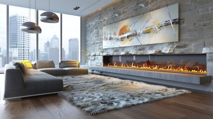 A contemporary living room with a long, linear gas fireplace set into a stone wall. The furniture is modern and sleek, with a sofa and stylish armchairs. 