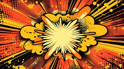 A flat vector illustration of a pop art "boom" effect, featuring a blank center surrounded by a dynamic explosion. The design uses bright yellow and red colors with a halftone pattern to create a