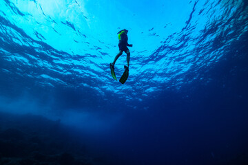 From below full body of unrecognizable active teen boy wearing yellow flippers snorkeling by coral reef in deep ocean with crystal clear waters at Menorca © ADDICTIVE STOCK CORE