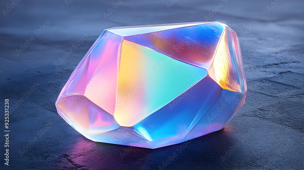 Poster a single iridescent gemstone with geometric facets and a shiny surface on a dark background.