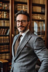 Obraz premium A professional man in a suit stands in front of bookshelves, suggesting a scholarly or intellectual environment.