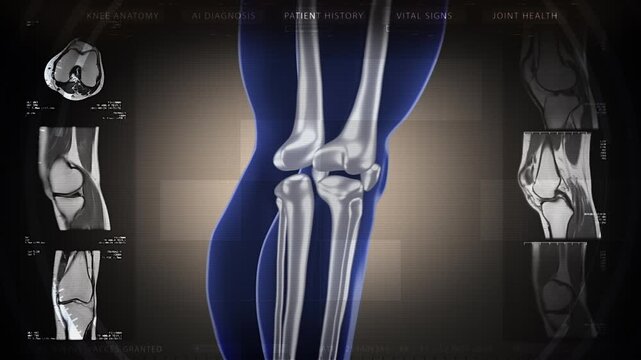 
Futuristic Technological Interface Analyzing Human Anatomy. MRI Knee Joint or Magnetic Resonance Imaging of Knee for Diagnosis Sport Trauma. Damage of Ligaments (ACL). Healthcare Information, EKG.