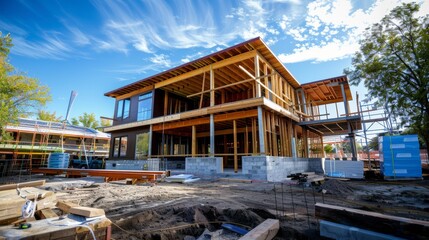 Obraz premium Modern House Under Construction: Framing and Foundation
