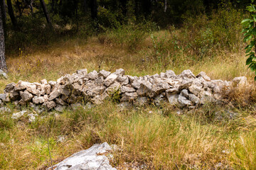 Stone, dalmatian drywall overgrown in tall grass and bush above the town of Rogoznica, Croatia