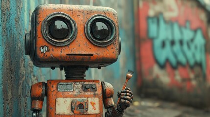 Rusty robot holding a paintbrush in urban alley - generative ai