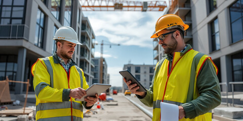 Checking construction work on site with modern buildings.