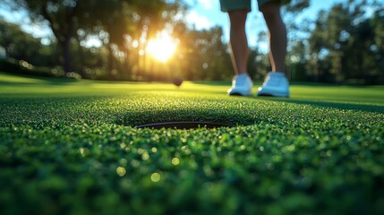 A golfer stands confidently by the putting green, focusing intently as the sun sets, casting a warm glow over the lush landscape