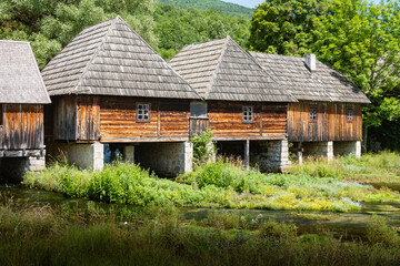 Majerovo Vrilo, beautiful wooden mill houses on the spring of Gacka river, Croatia, one of the last...