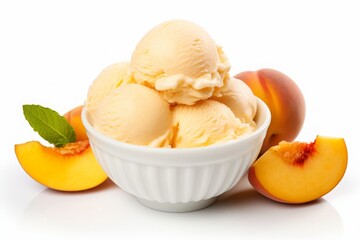 Homemade sweet peach ice cream. Peach gelato balls in a small bowl on a white background with fresh peaches and mint leaves