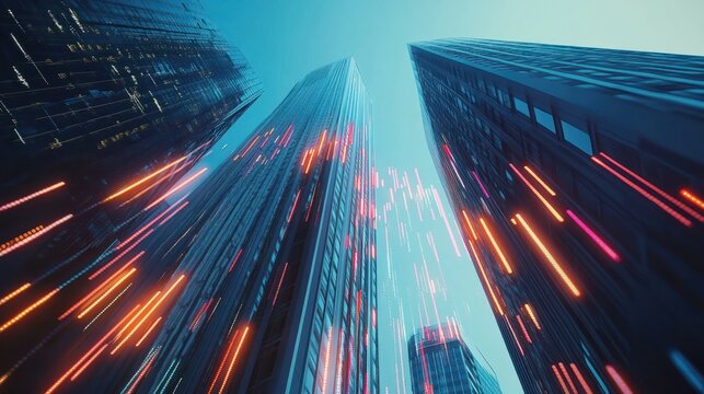 A real estate business concept with growing stock market candlesticks and graphs on a modern skyscraper bottom view background.