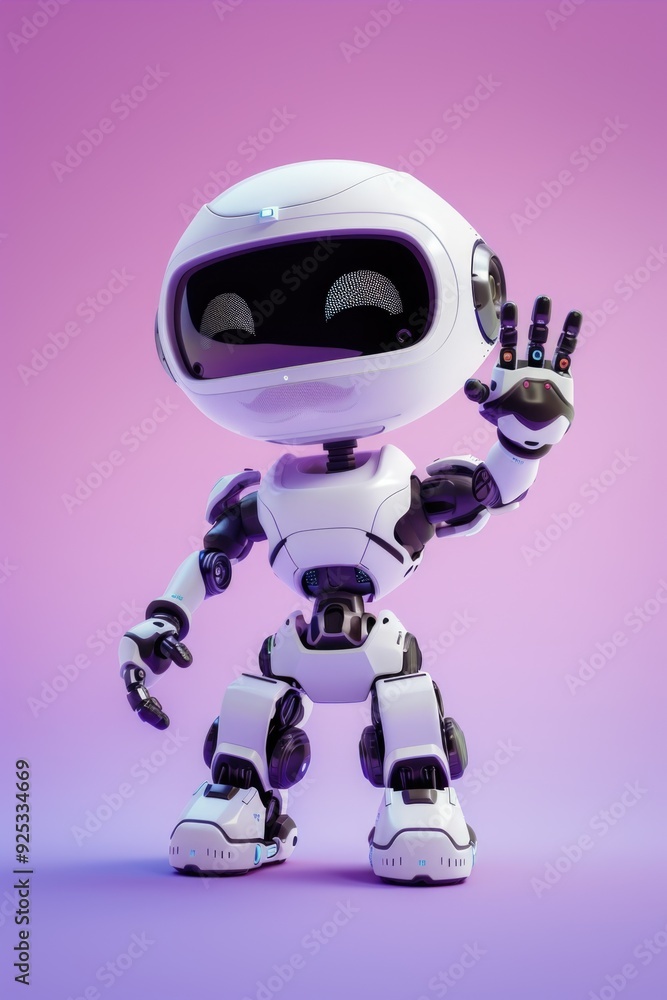 Poster friendly robot greeting. digital assistance with human-like interaction. futuristic character in mod