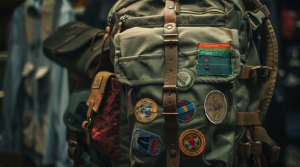 Fototapeta premium Vintage Travel Backpack with Patches - Adventure Gear