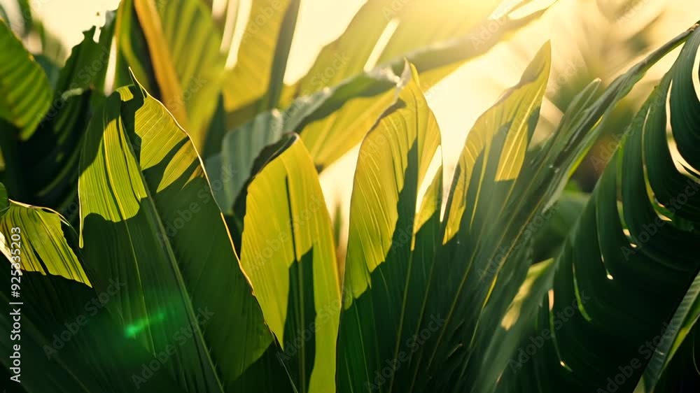 Poster tropical palm leaves illuminated by sunlight in a serene setting generative ai