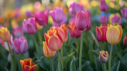 Vibrant Pink, Yellow, and Red Tulips in Bloom