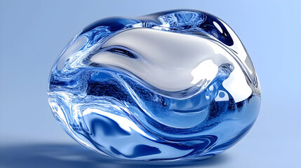 A smooth, abstract sculpture with blue and clear glass elements, suggesting fluidity and elegance.