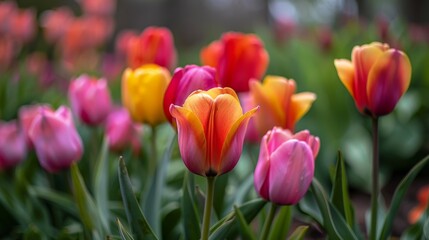 Fototapeta premium Vibrant Tulips Blooming in a Spring Garden