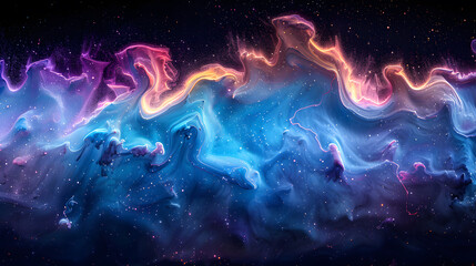 Cosmic with vibrant blues and purples swirling on a dark black background