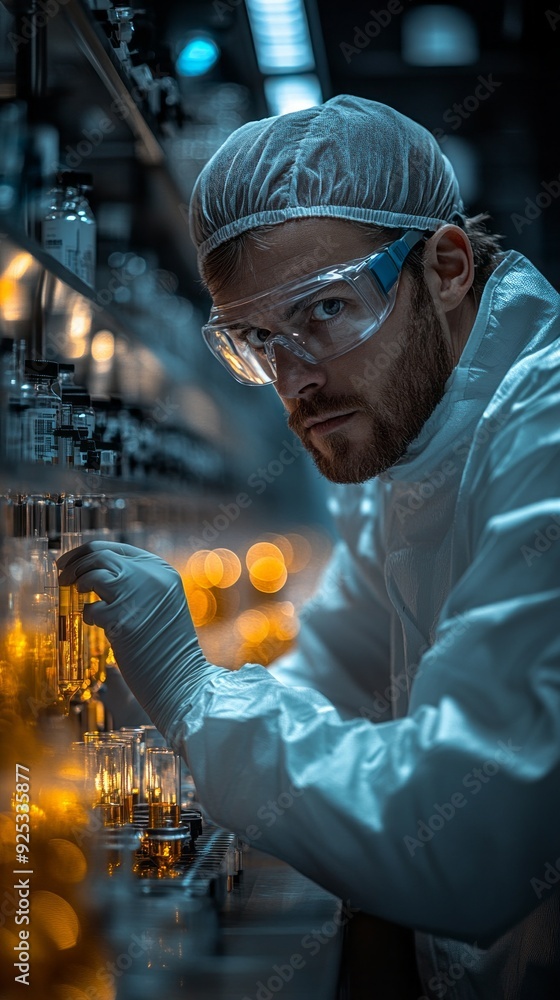 Poster a dedicated researcher adjusts laboratory equipment while surrounded by glowing samples in a contemp