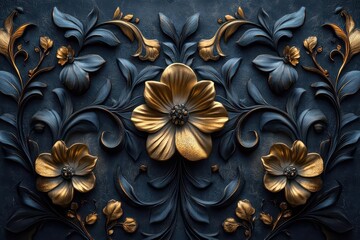 Fototapeta premium opulent golden floral patterns on dark background intricate 3d details with metallic sheen baroqueinspired luxury design
