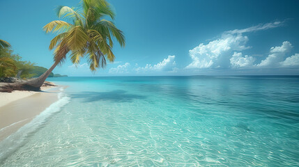 Tropical beach with palm tree, clear sea, and blue sky. Focus on the sea, water, and palm tree. Ideal for themes related to travel, vacation, and relaxation near the ocean.