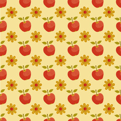 Seamless vector pattern with textured red apples and flowers on a yellow background