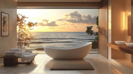 Fototapeta premium Luxury bathroom with ocean view at sunset - generative ai
