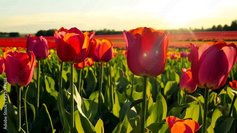 Poster colorful tulip field at springtime in full bloom generative ai